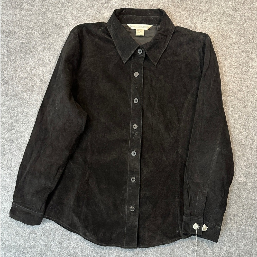 Jessica Holbrook Genuine Leather Suede‎ Shirt Large Black Button Front Jacket